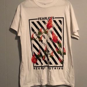 White tee with burning roses and lettering